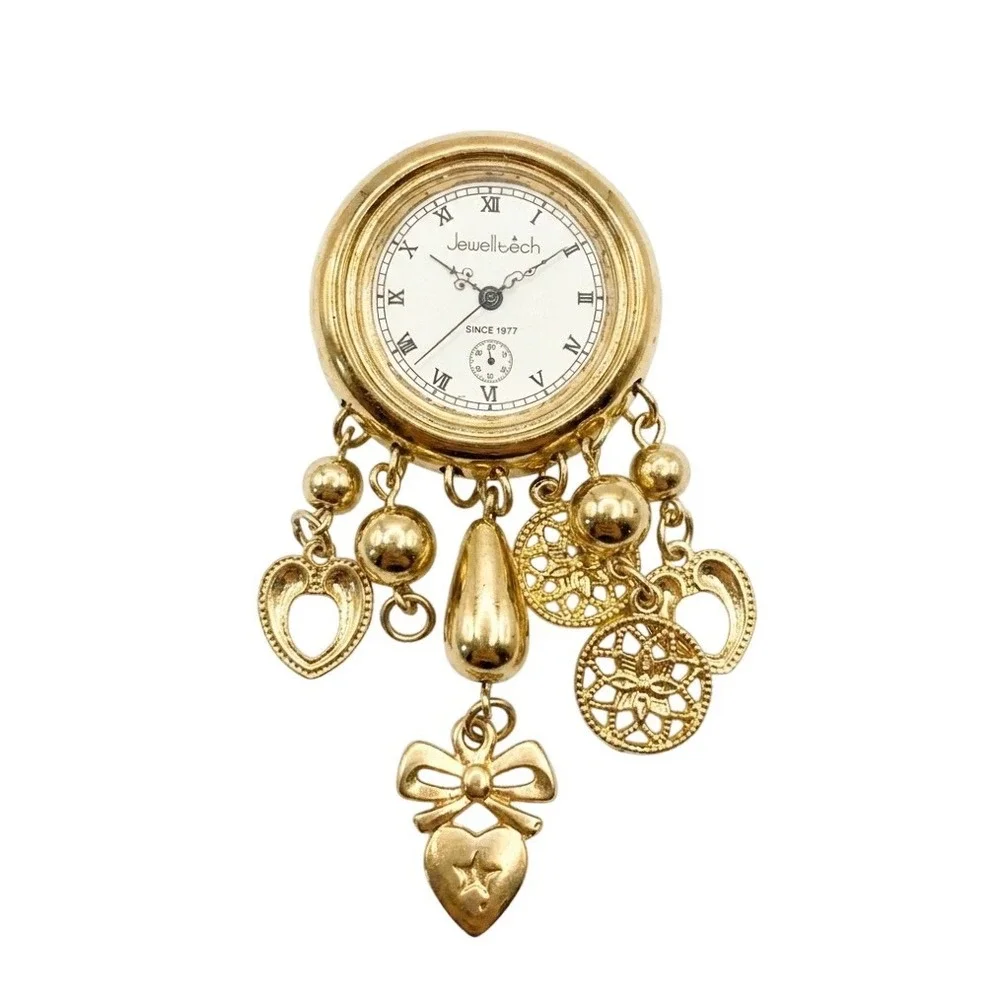 Flawed‎ Gem! Jewelltech Gold Tone Watch Brooch Charm Pin Filigree Roman Numeral